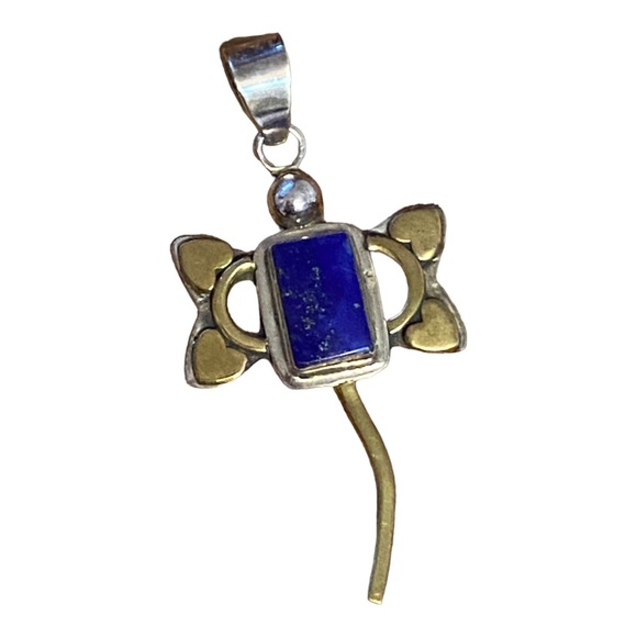 Vintage 925 silver & brass pendant with lapis lazuli - Picture 1 of 5